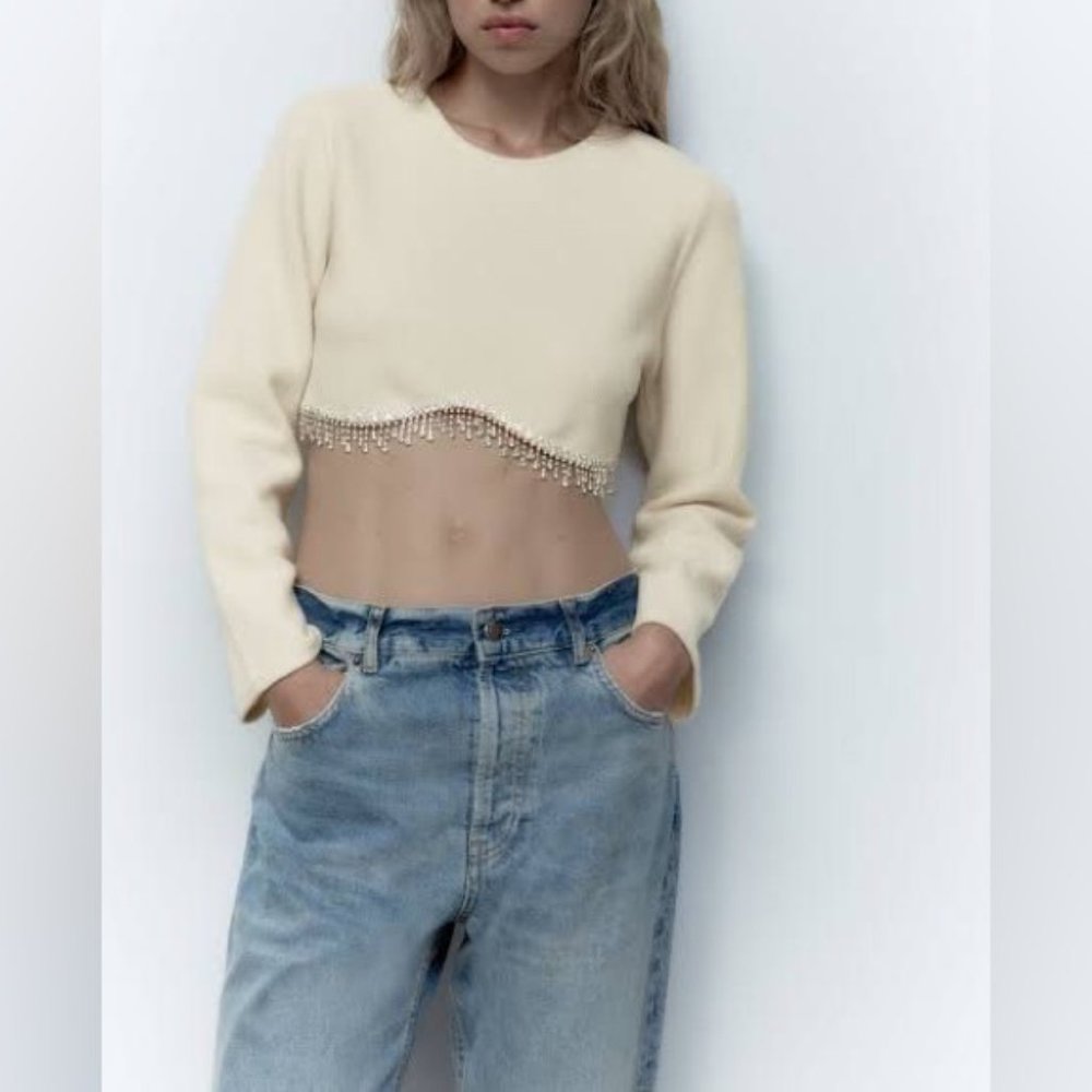 Zara Soft Ribbed Fuzzy Cropped Sweatshirt Top with Hanging Rhinestone Detail - Picture 8 of 15